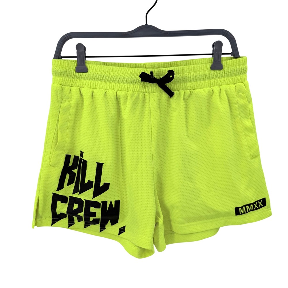 Kill Crew Muay Thai Neon Lime Green Mesh Athletic Gym Shorts Graphic Logo MMXX